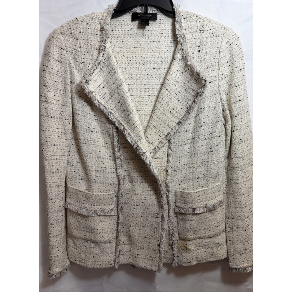 St. John Blazer Fringe Trim Cream Tweed USA Women’s Size 10 Quiet Luxury Office - Picture 1 of 9